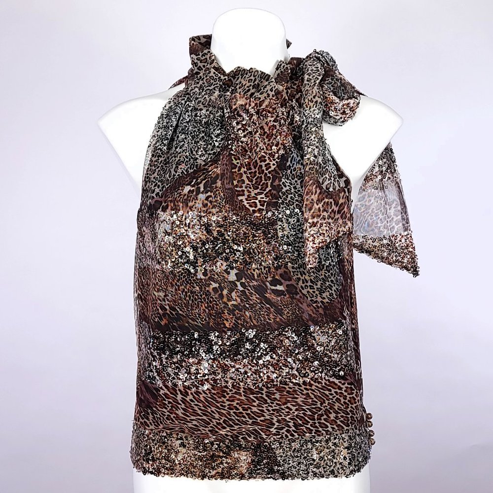 Etcetera Womens Leopard Print Sequin Mesh Halter Scarf Neck Blouse Brown Size‎ 4